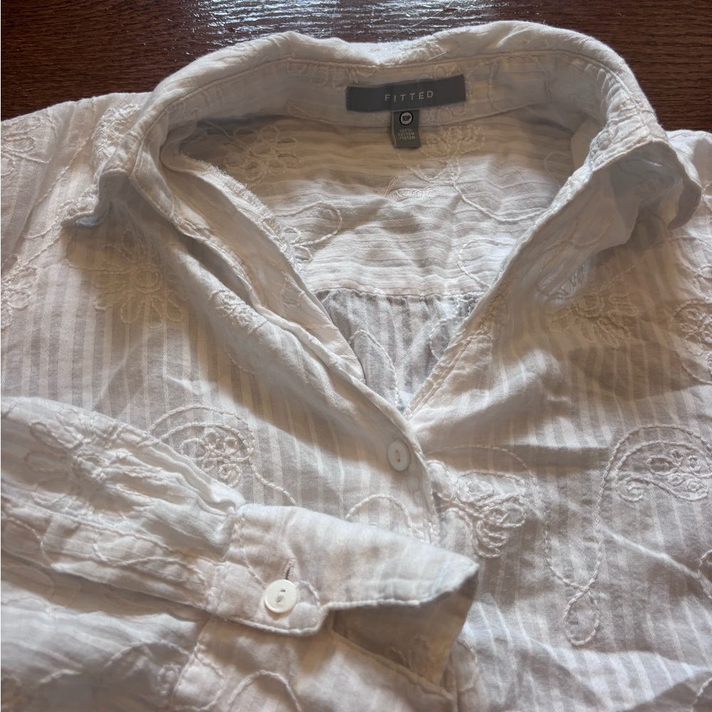 White button up embroidered with floral design